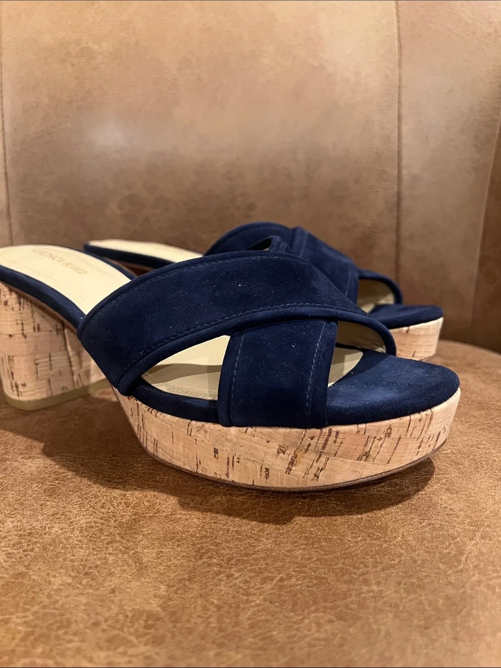 Veronica Beard Navy Suede Cork Block Heel Slides